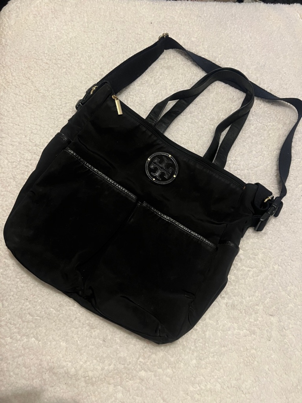 Tory Burch Black Nylon Shoulder Tote with Logo Emblem